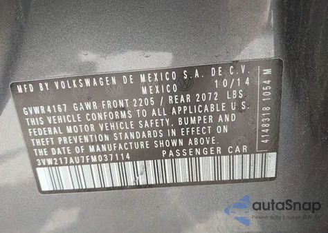 2015 Volkswagen Golf Tsi S 4-Door из США, поврежденный, VIN 3VW217AU7FM037114